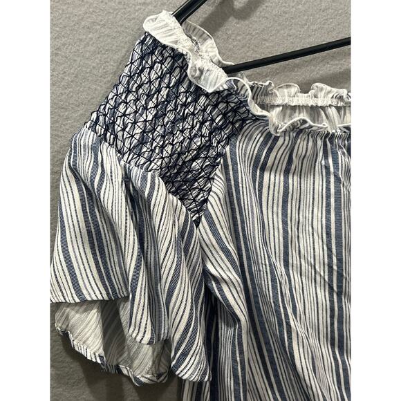 BCX Top Women's XL Blue White Stripe Off Shoulder Front Tie Stretch - Picture 2 of 4